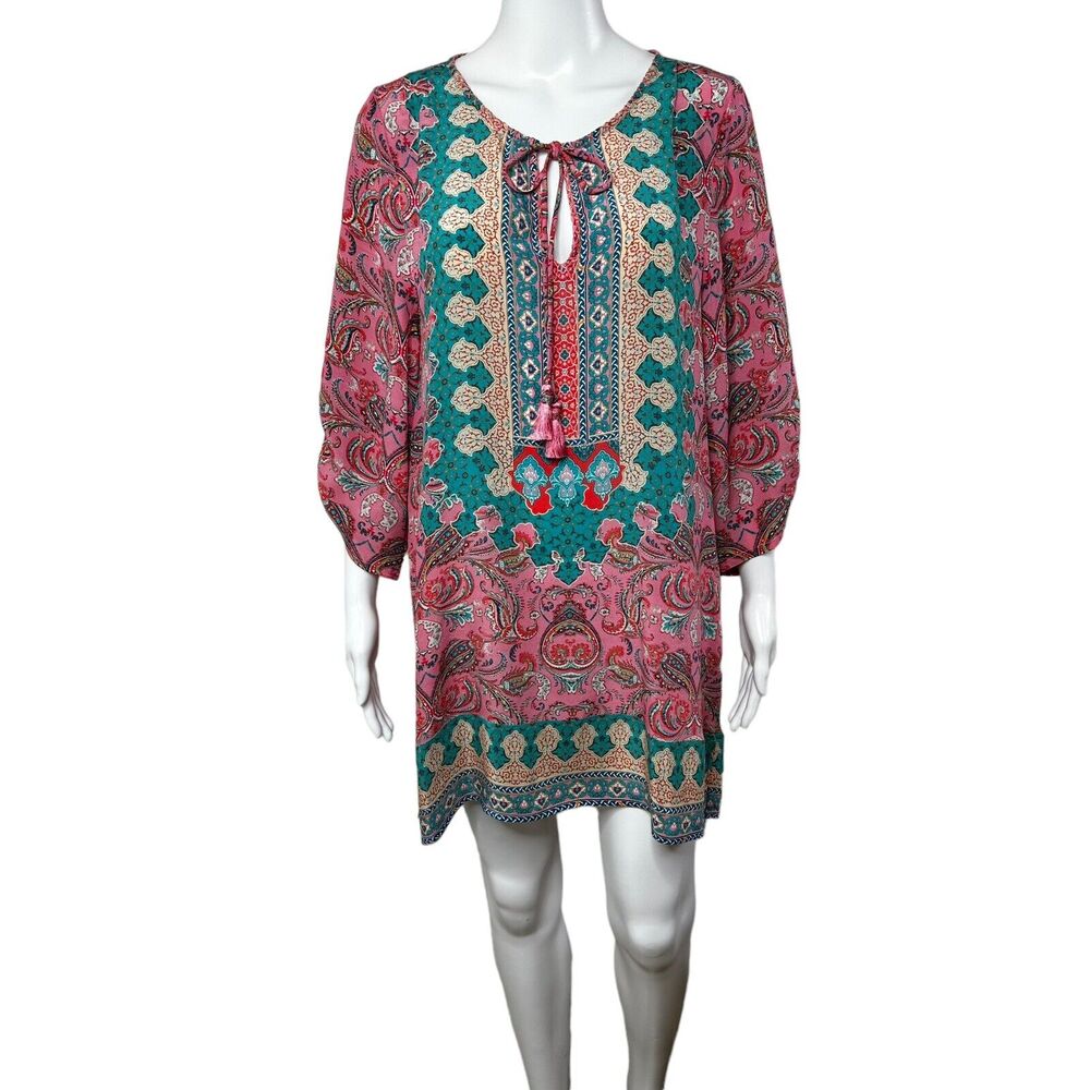 Anthropologie Tolani Silk Pink Geometric Tunic Dress Blouse Size Small Coastal - Picture 10 of 16